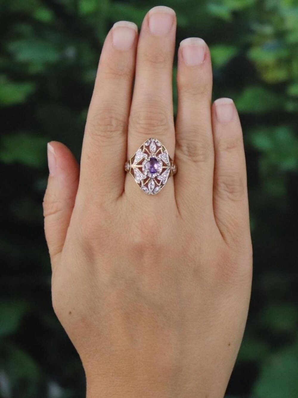 10k Yellow Gold & White Gold Natural Amethyst Ring Filigree Flower Size 7 - Picture 2 of 7